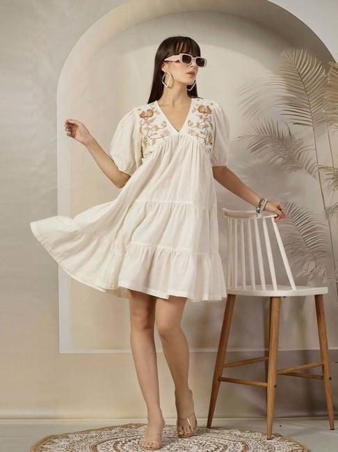 stylum white cotton embroidered a-line dress