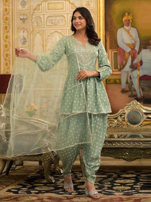 stylum green printed kurti dhoti pant set with dupatta