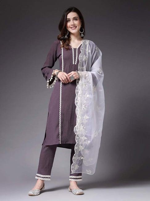 stylum purple plain kurta pant set with dupatta