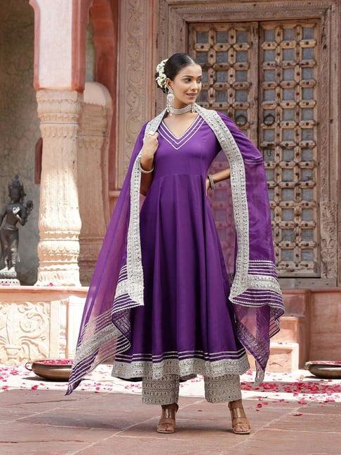 stylum purple embroidered kurta pant set with dupatta