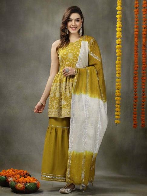 stylum mustard printed kurti sharara set with dupatta