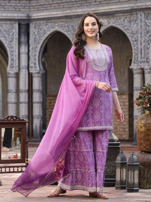 stylum purple printed kurti sharara set with dupatta