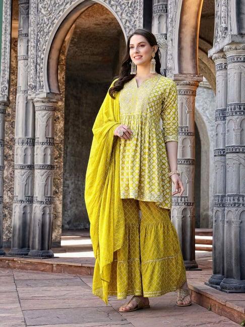 stylum yellow printed kurti sharara set with dupatta