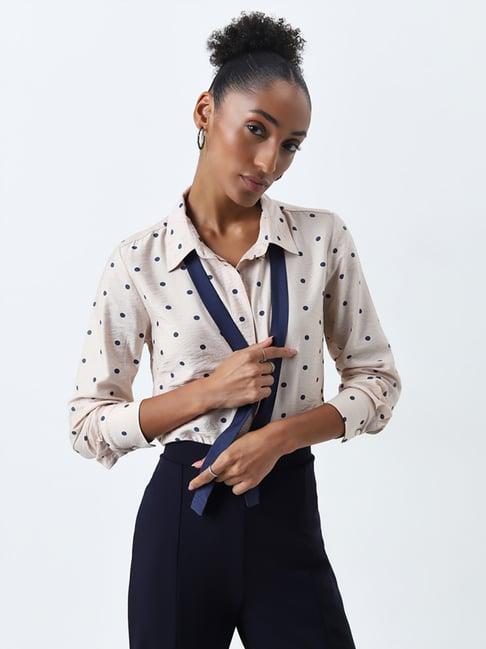 wardrobe by westside ivory polka-dot design crinkled shirt