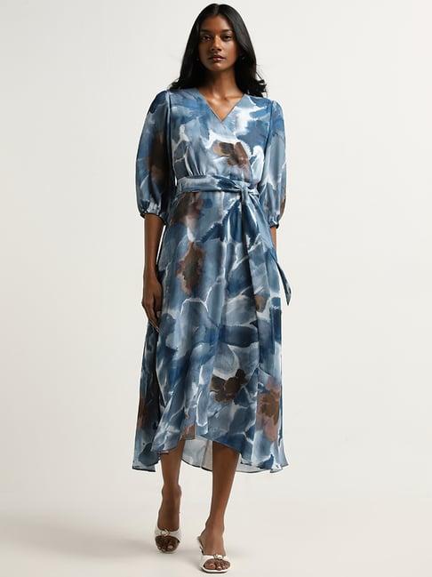 wardrobe by westside dusty blue foliage printed a-line dress with belt