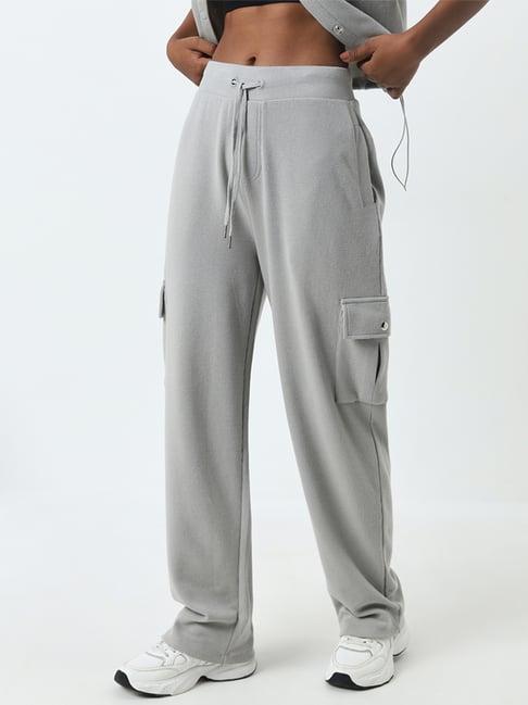 studiofit by westside light grey textured mid-rise cotton track pants