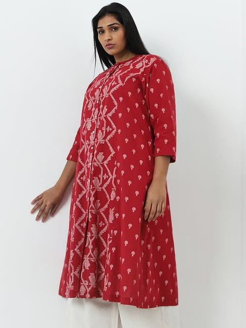 diza by westside red jamdani printed a-line cotton kurta