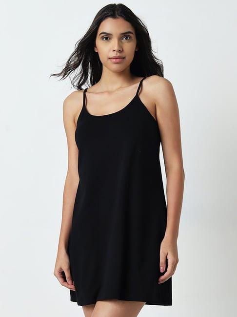 wunderlove by westside solid black slip-on cotton blend dress