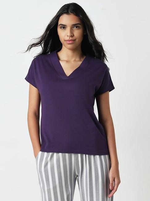 wunderlove by westside solid purple v-neck cotton top