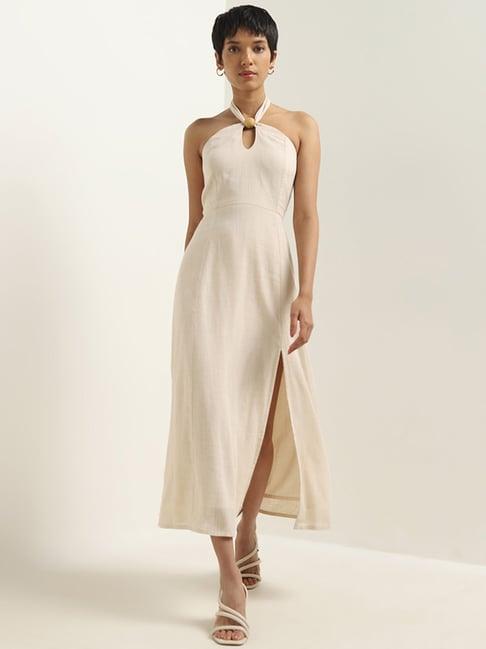 lov by westside beige off-shoulder blended linen dress