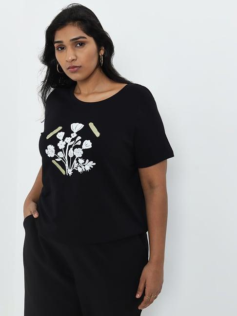 gia by westside black floral printed cotton t-shirt