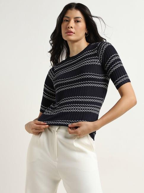 wardrobe by westside navy ribbed-textured top