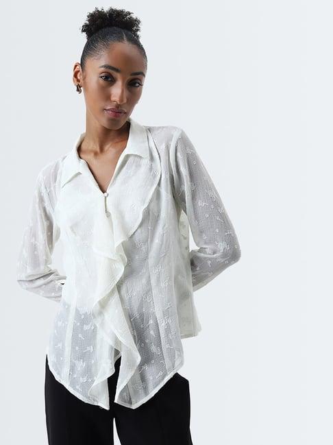 wardrobe by westside ivory ruffled self-patterned top