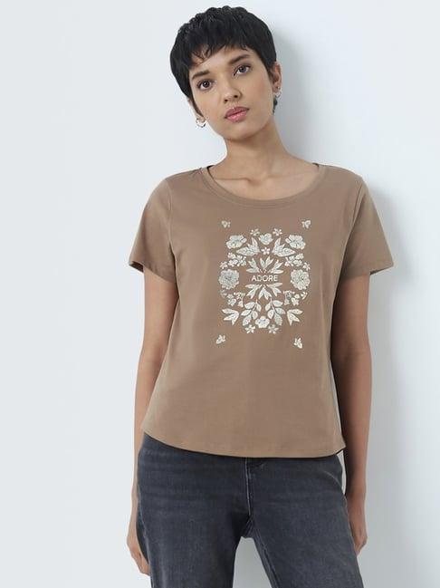 lov by westside taupe floral design cotton t-shirt