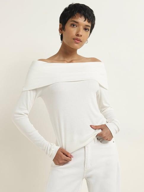 lov by westside white ribbed textured off-shoulder top