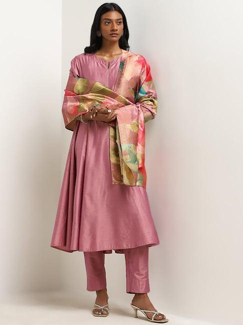 vark by westside pink floral printed a-line kurta,pants & dupatta set