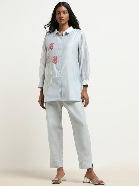 vark by westside light blue floral embroidered tunic & ethnic pants set