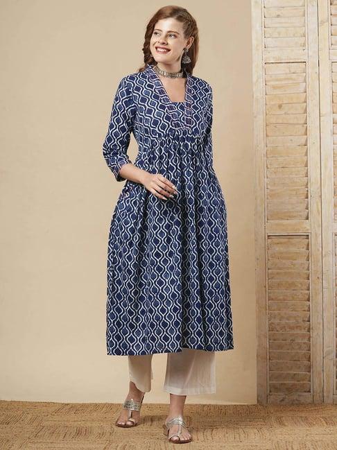 fashor blue & white cotton printed kurta pant set