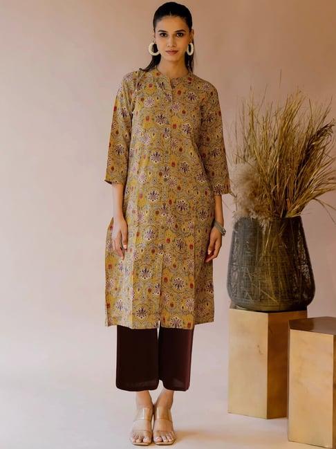 mirchi fashion yellow cotton printed a line kurta