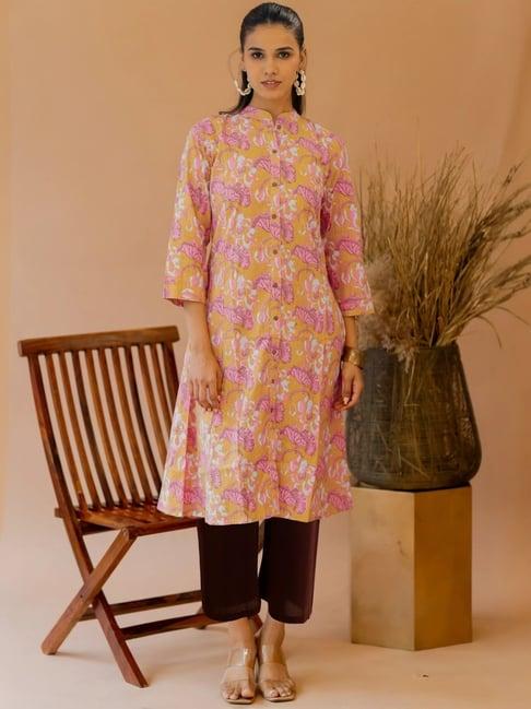 mirchi fashion yellow cotton printed a line kurta