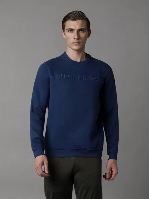 louis philippe blue cotton regular fit embroidered sweatshirt