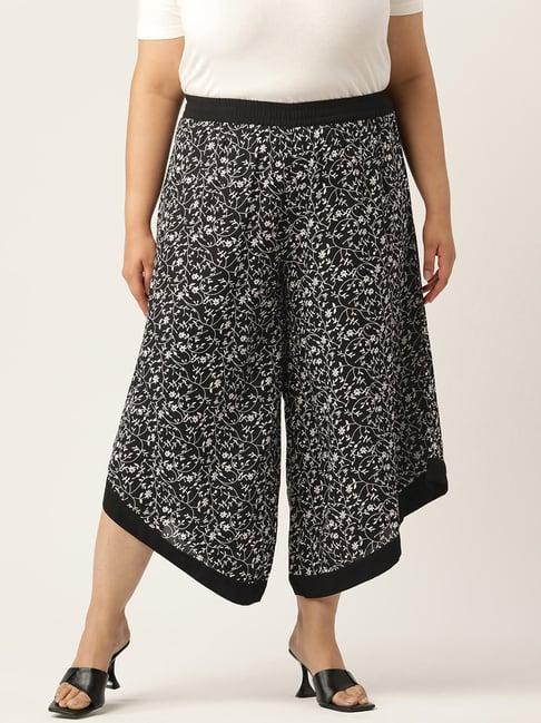 therebelinme black floral print relaxed fit high rise plus size culottes