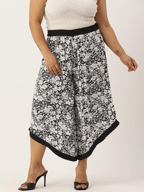 therebelinme black & white floral print relaxed fit high rise plus size culottes