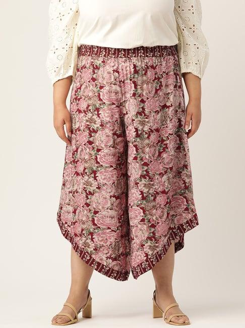 therebelinme maroon floral print relaxed fit high rise plus size culottes