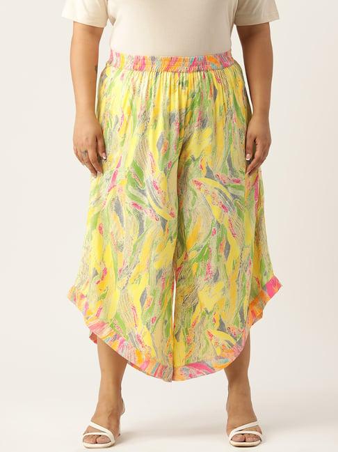 therebelinme yellow printed relaxed fit high rise plus size culottes