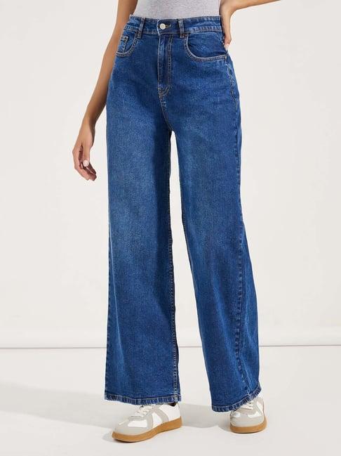 styli dark blue cotton relaxed fit high rise jeans