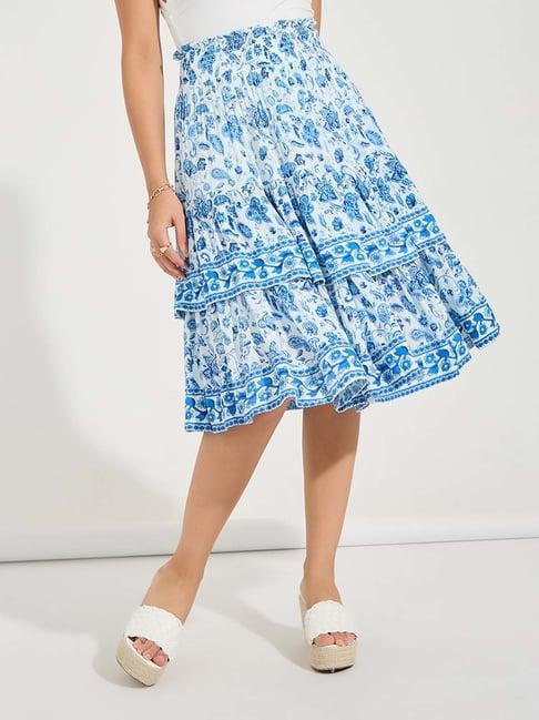 styli blue & white printed skirt