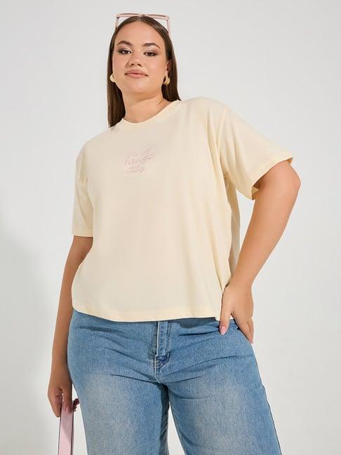 styli plus size cream cotton graphic print oversized t-shirt