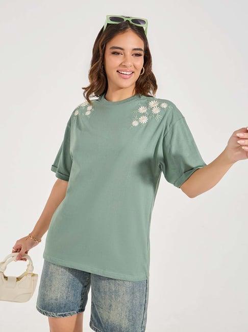 styli sage green cotton embroidered oversized t-shirt