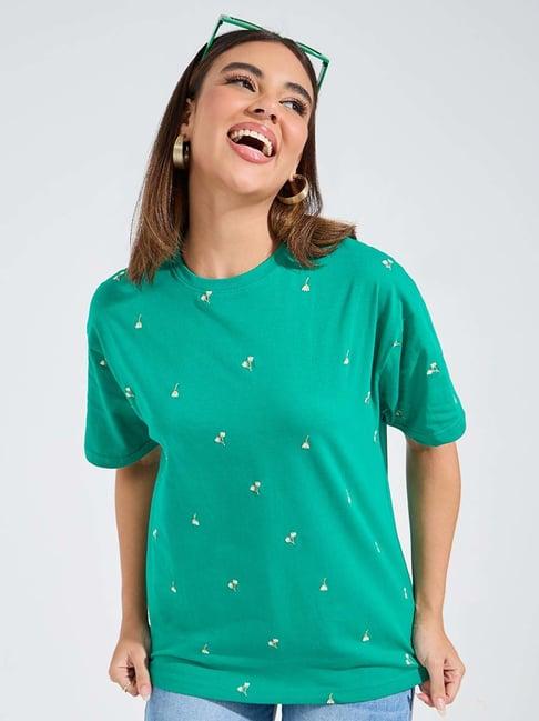 styli green cotton embroidered oversized t-shirt