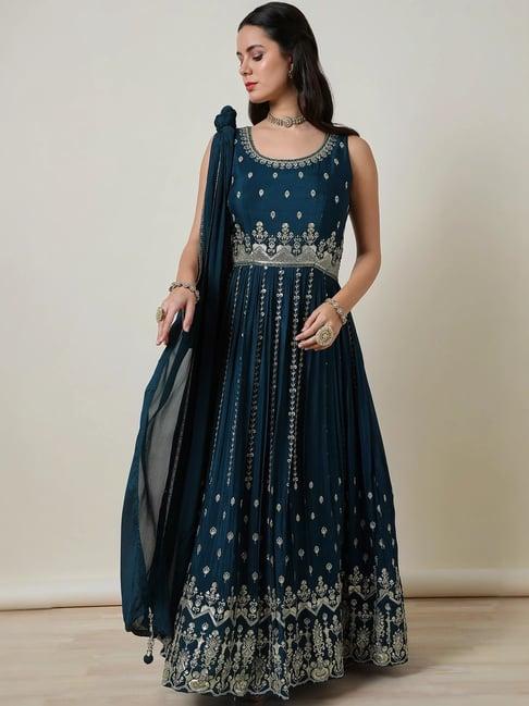 soch blue embroidered gown & churidar set with dupatta