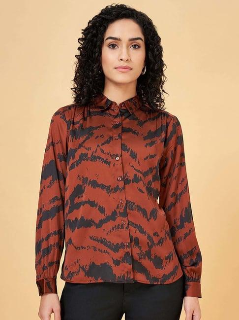 annabelle by pantaloons brown printed shirt