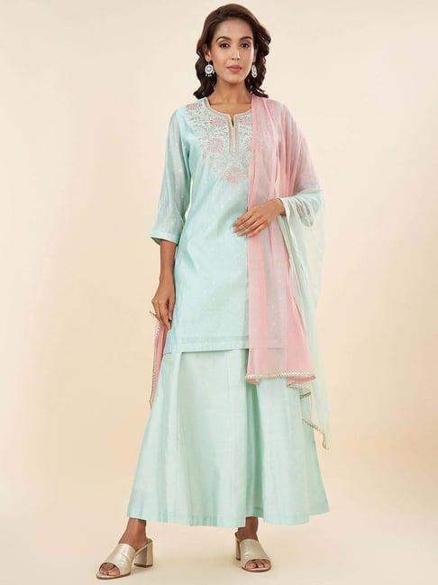 rangmanch by pantaloons blue embroidered kurti palazzo set with dupatta