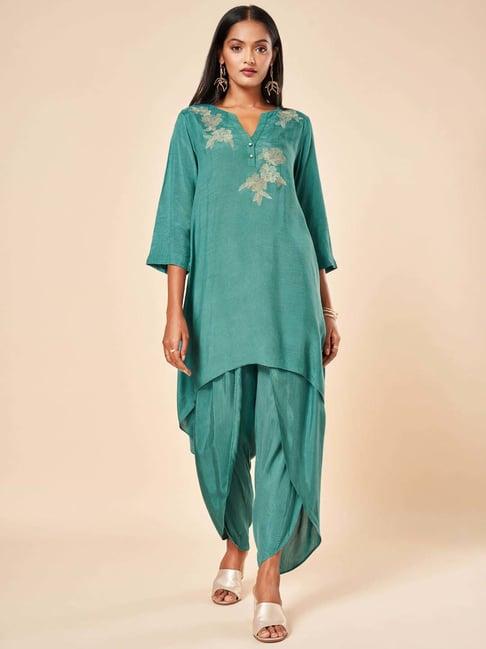 marigold lane blue embroidered kurti dhoti pant set