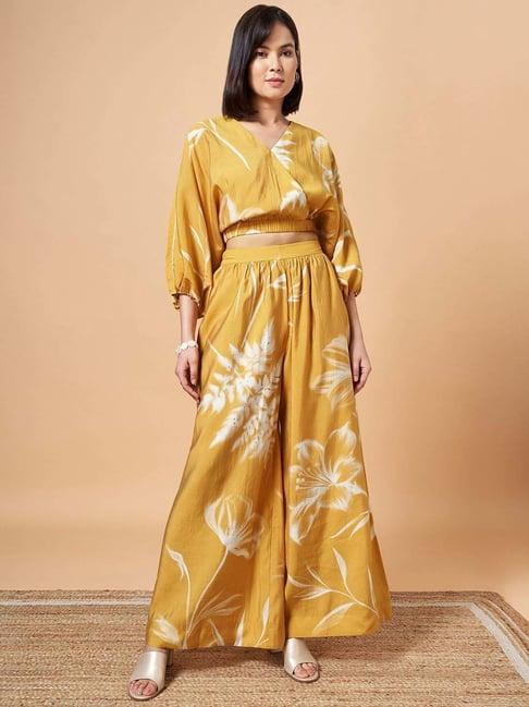 marigold lane yellow printed crop top palazzo set