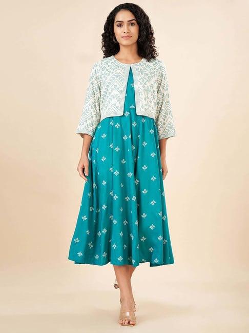 rangmanch by pantaloons blue printed a-line dress with jacket