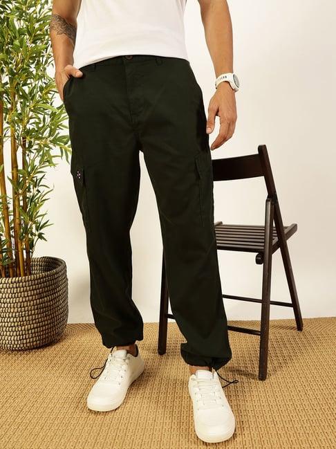 thomas scott bottle green cotton regular fit solid casualtrousers