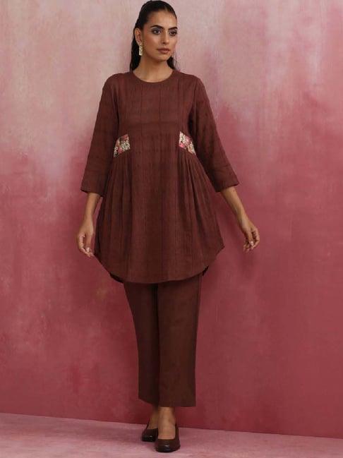 truebrowns dark brown cotton embroidered kurti & pant set