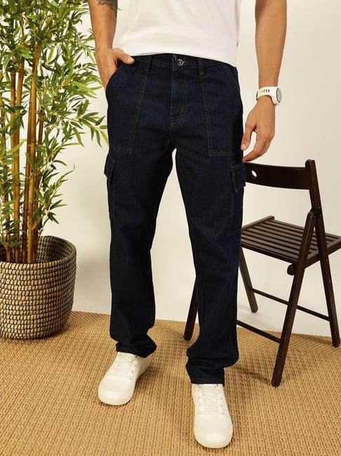 thomas scott dark blue cotton relaxed fit solid jeans