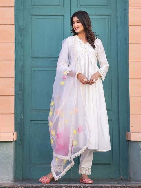 rajnandini white embroidered kurta pant set with dupatta