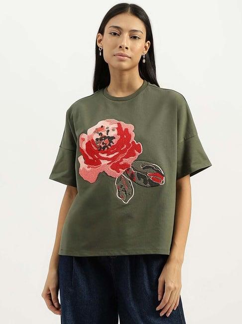 united colors of benetton green cotton embroidered t-shirt