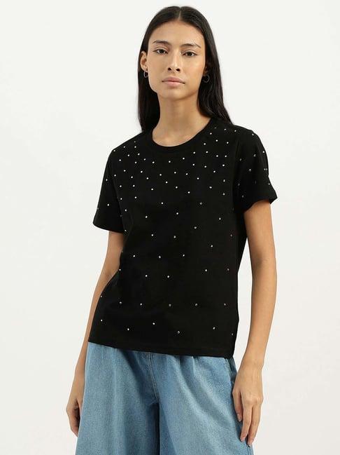 united colors of benetton black cotton embellished t-shirt