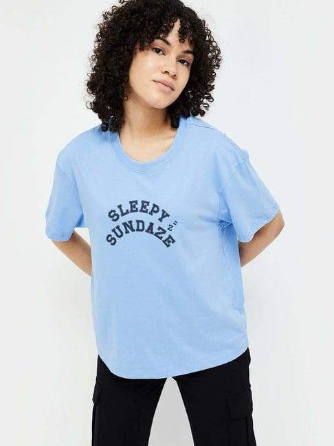 ginger by lifestyle blue cotton printed t-shirt