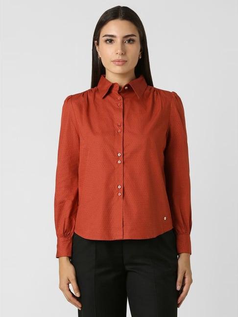 van heusen rust cotton printed formal shirt