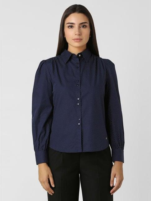 van heusen navy cotton printed formal shirt