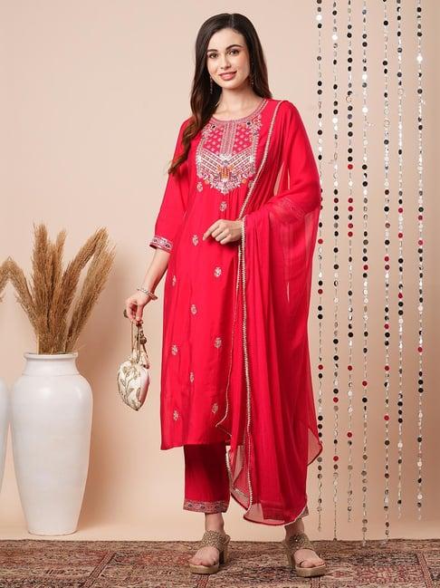 globus red embellished kurta with pants & dupatta